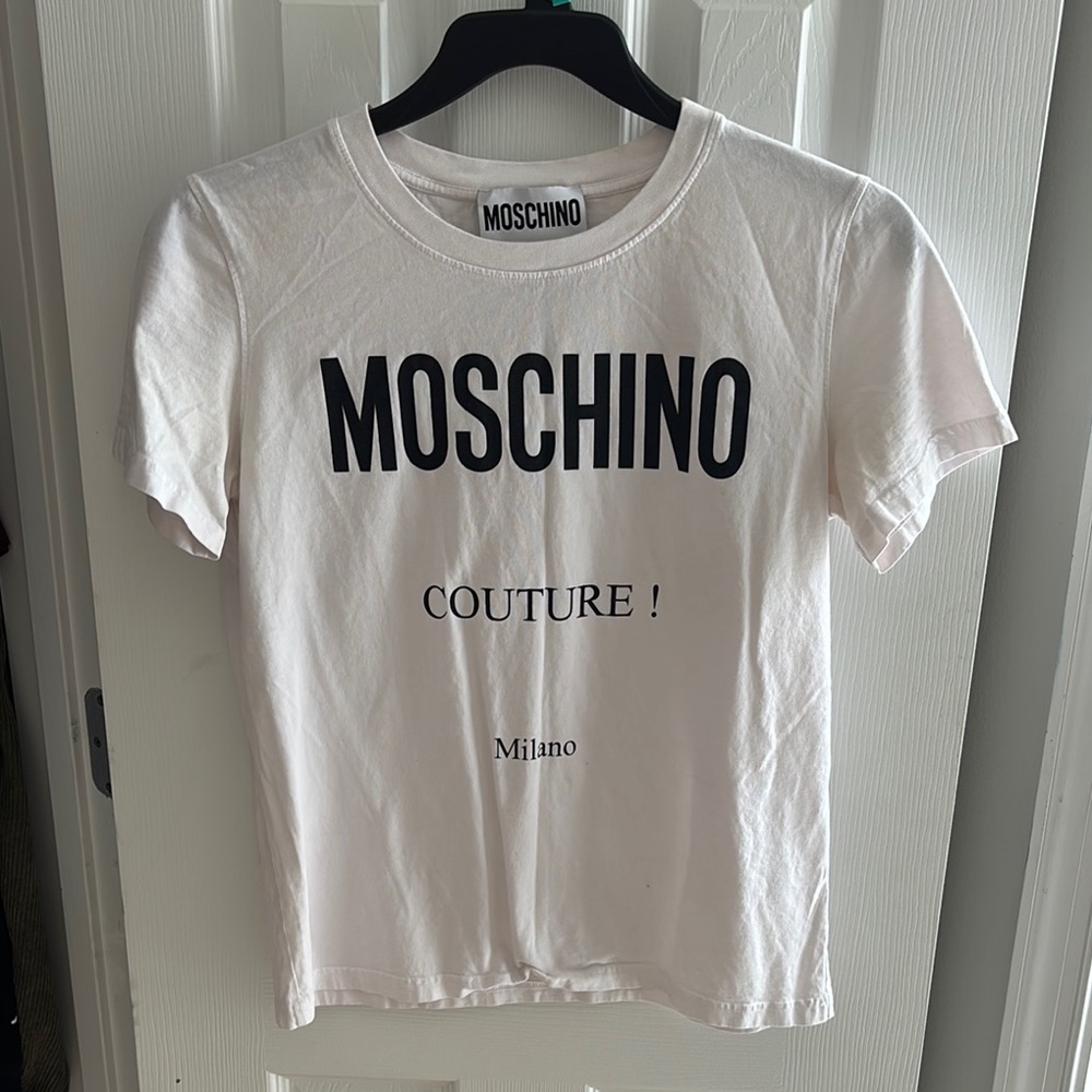 Moschino Cream T-Shirt with Black Lettering